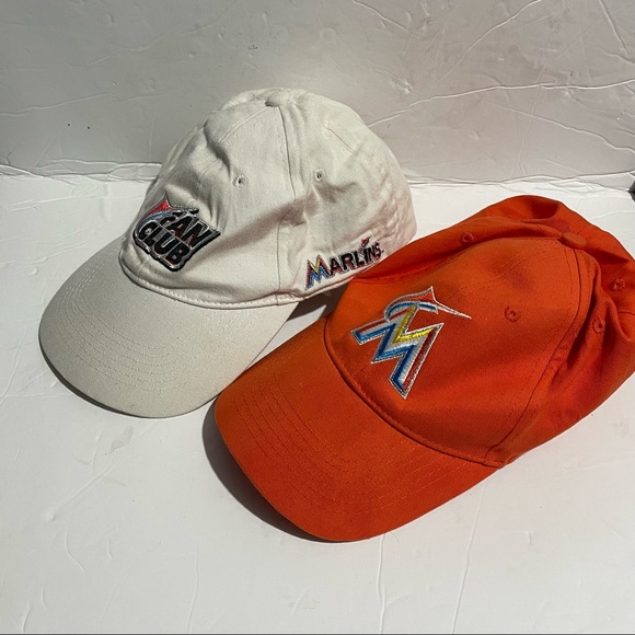 Bundle Of Two Marlins Hats White And Orange 2015 Fan Club White Adjustable Caps - Picture 2 of 7